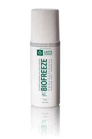 A bottle of biofreeze on a white background.