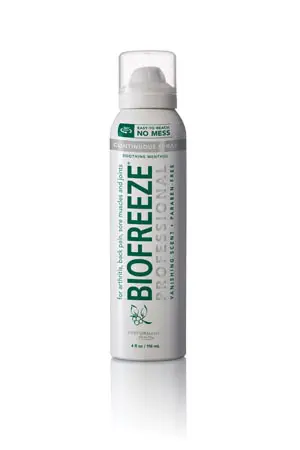 A bottle of biofreeze on a white background.