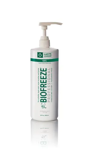 A bottle of biofreeze gel on a white background.