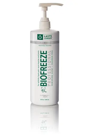 A bottle of biofreeze lotion on a white background.