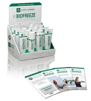 A box of biofreeze in front of a display.