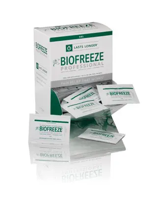 A box of biofreeze on a white background.