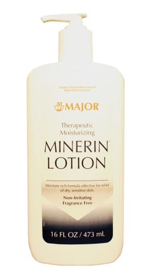 A bottle of major mineral lotion on a white background.