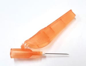 A plastic tool with an orange handle.