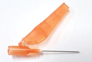 A plastic tool with an orange handle on a white surface.