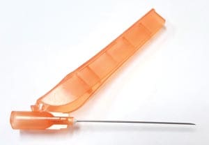 A plastic tool with an orange handle on a white surface.