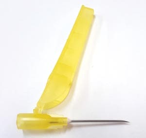 A yellow plastic tool with a blade on it.