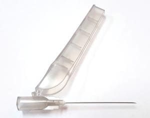 A plastic syringe with a needle attached to it.