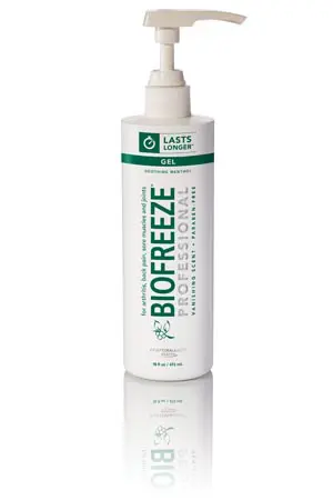 A bottle of biofreeze lotion on a white background.