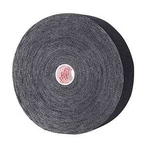 A roll of black tape on a white background.