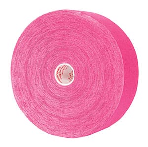 A roll of pink tape on a white background.