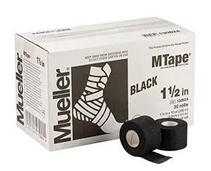 A box of black tape with a box in front of it.