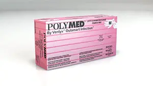 A pink box of polymed on a white surface.