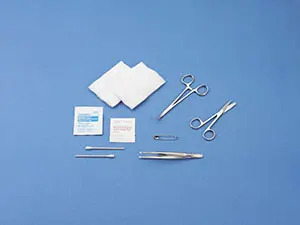 A set of surgical tools on a blue background.