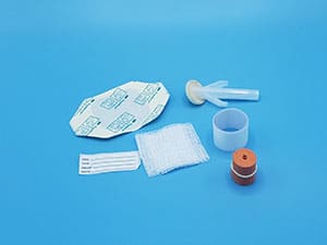 A set of medical supplies on a blue background.