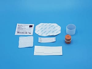 A set of medical supplies on a blue background.