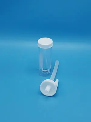 A plastic container with a plastic lid on a blue background.