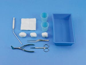 A set of surgical tools on a blue background.