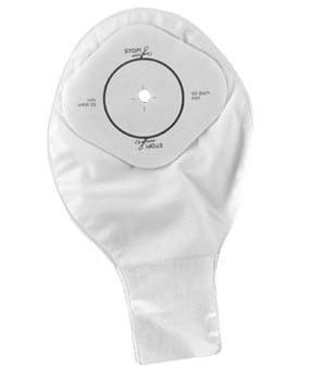 A white pouch with a white disc on it.