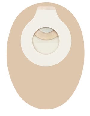 A beige and white toilet seat cover with a hole in the middle.