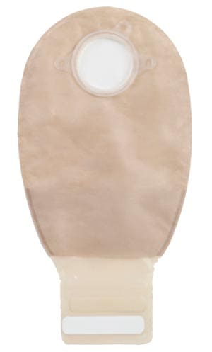 A beige plastic bag with a white handle.