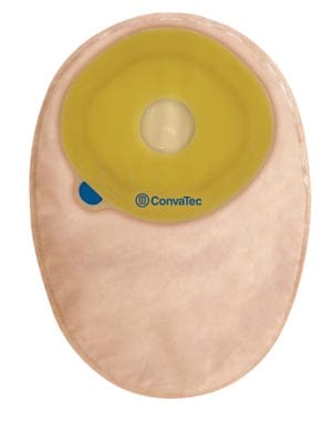 A beige pouch with a yellow button on it.