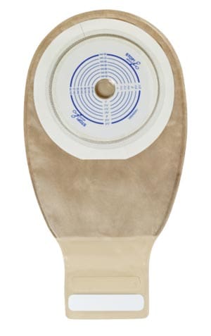 A beige pouch with a blue and white circle on it.