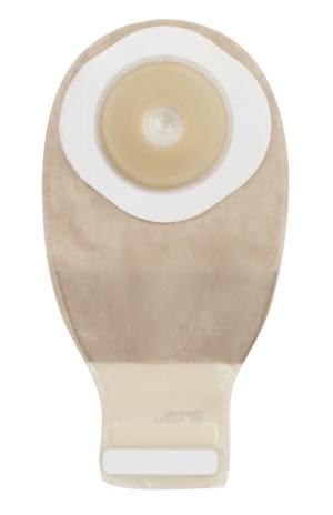 A beige pouch with a white button on it.