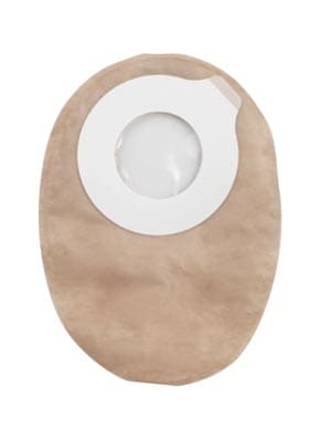 A beige pouch with a white lid.