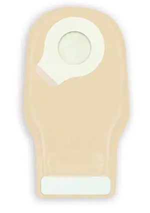 A beige pouch with a white lid.