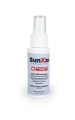 A bottle of sunxo spray on a white background.