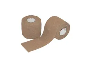 Two rolls of tan tape on a white background.