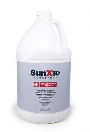 A gallon of sunxo on a white background.