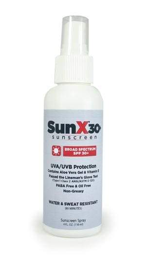 A bottle of sunx 30 sunscreen spray on a white background.