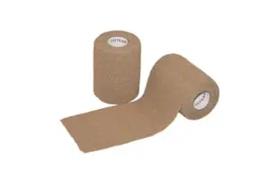 A pair of tan bandages on a white background.