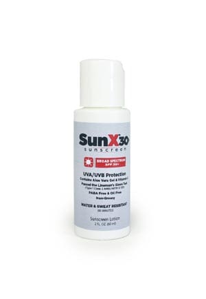 A bottle of sunxo sunscreen on a white background.