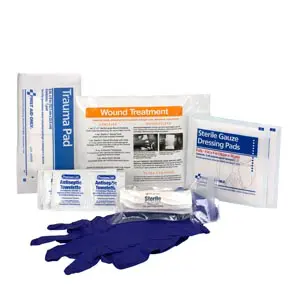 A first aid kit with gloves and gloves.