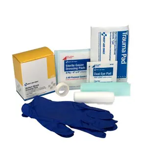 A first aid kit with gloves and bandages.