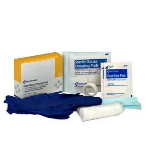 A medical kit with gloves, bandages and a box.