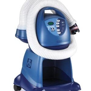 A blue and white machine with a hose attached to it.