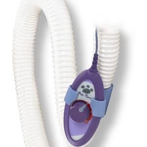 A purple and white hose connected to a machine.