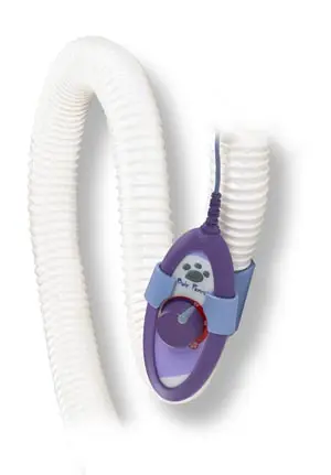 A purple and white hose connected to a machine.