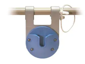 A blue plastic holder attached to a metal pole.