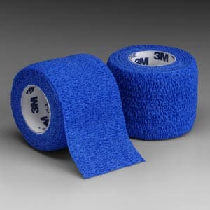 Two rolls of blue tape on a grey background.