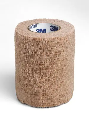 A roll of tan tape on a white background.