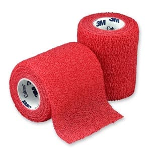 A pair of red bandages on a white background.