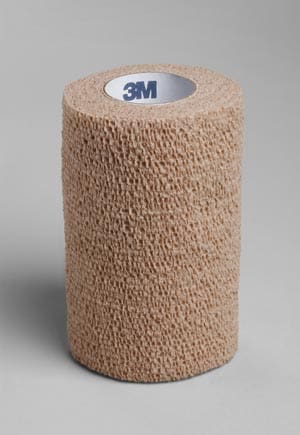 A roll of tan bandage on a white background.