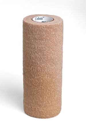 A roll of tan bandage on a white background.