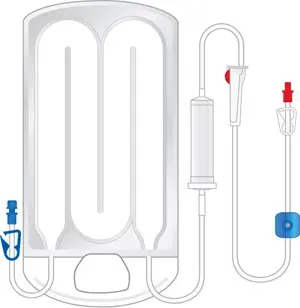 A medical device with a pump and hoses on a white background.