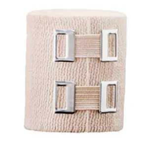 A beige bandage with two metal buckles.